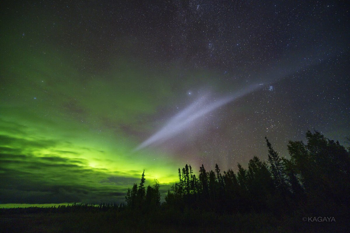 昨夜、カナダで撮影していましたら、発光雲のようなものが空を横切ってゆき、オーロラと相まって荘厳な光景となりました。このような現象を偶然目撃したのは私も初めてです。肉眼でもよく見えました。何が起こるかわからない空から目が離せません。 発光雲はおそらく、ロケットや人工衛星などに由来するものと思っています。 撮影時刻：2026年9月15日07時51分（UT） 現地時間01時51分 撮影地：カナダ、イエローナイフの東約40km 動画は約17分間の出来事が秒で再生されます。