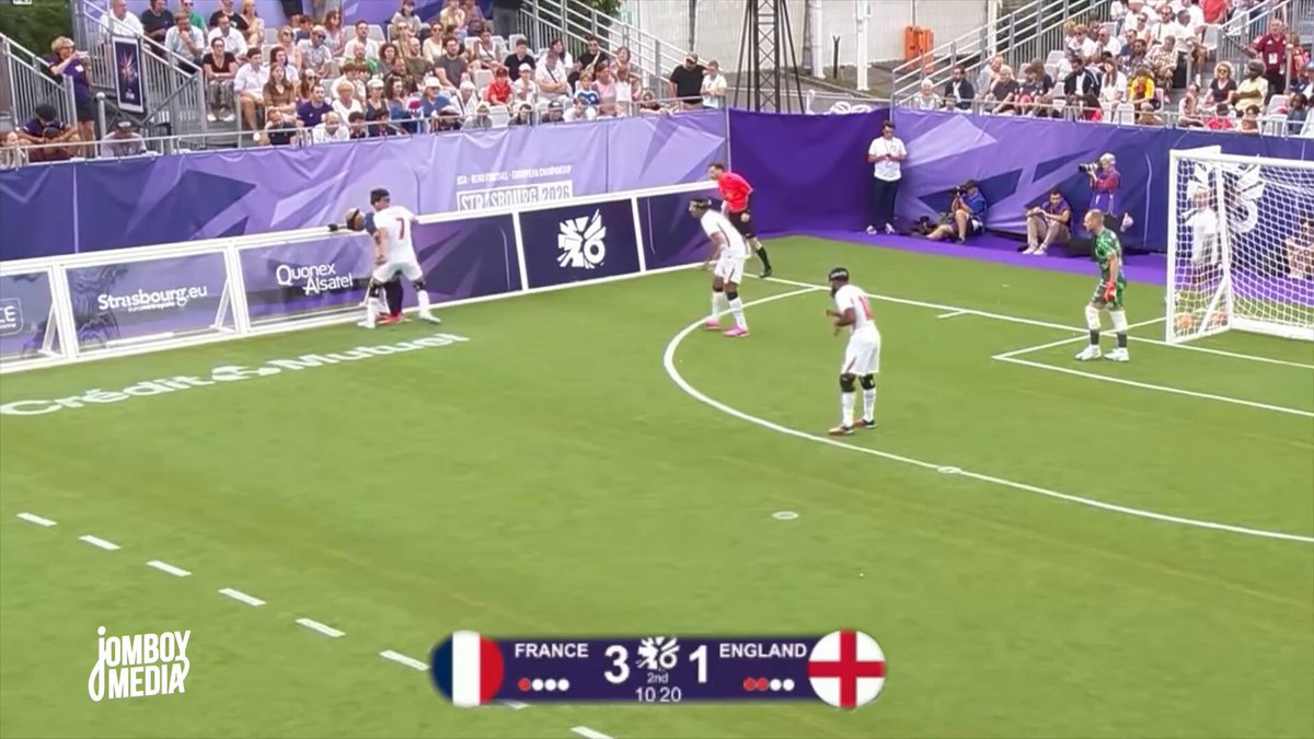 Blind soccer star shouts at the referee after scoring his fourth goal of the match