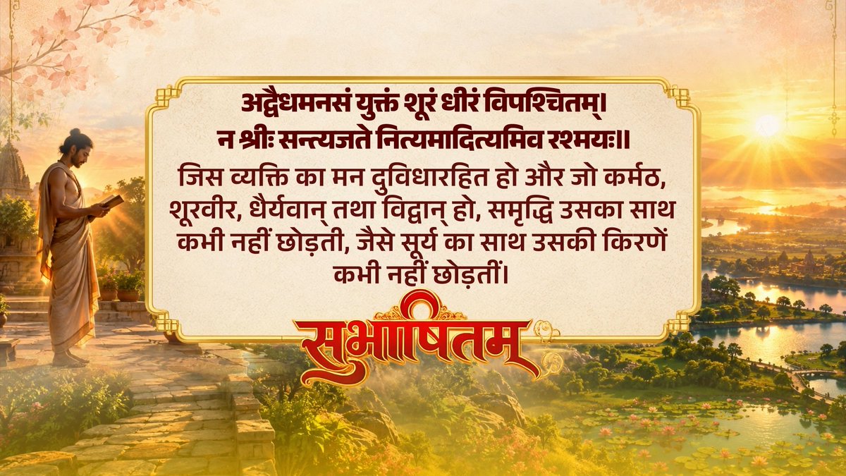 अद्वैधमनसं युक्तं शूरं धीरं विपश्चितम्। न श्रीः सन्त्यजते नित्यमादित्यमिव रश्मयः॥