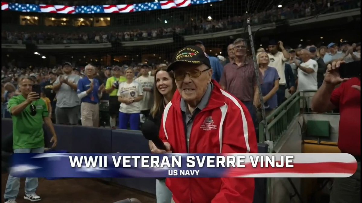 A 102-year-old Navy veteran who fought in World War II was given the chance to sing 'God Bless America' during the seventh inning stretch at a Milwaukee Brewers game. David Muir shares the moving moment.