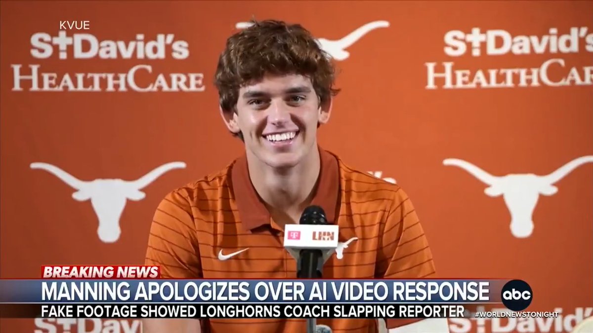 Texas Longhorns' star quarterback Arch Manning -- nephew of Peyton and Eli Manning -- has apologized after laughing about an AI-generated video depicting the coach slapping a female reporter. Matt Rivers has more.