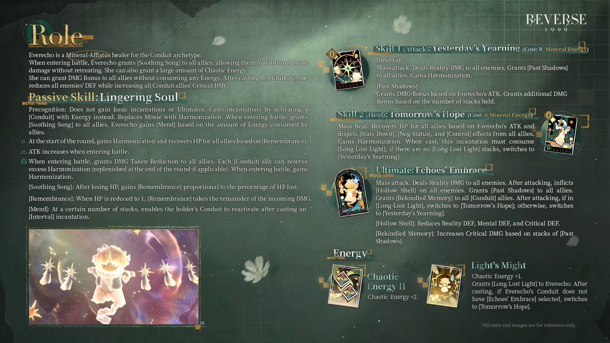Arcane Skills | Everecho Everecho is a Mineral-Afflatus healer for the Conduit archetype.When entering battle, she grants [Soothing Song] to all allies, allowing them to withstand more damage without retreating. #Reverse1999Ver3ꓸ8 #TheTemporalScale #Everecho