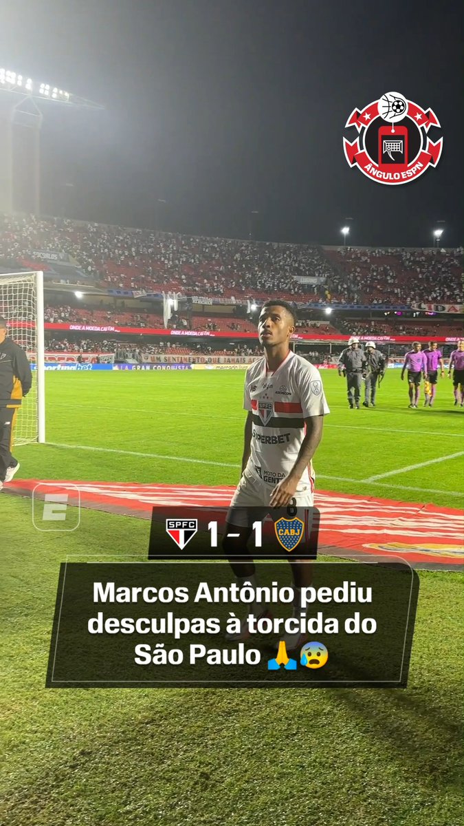 O meio-campista Marcos Antônio, enquanto se encaminhava ao vestiário do Morumbis, olhou em direção às arquibancadas e pediu desculpas depois da eliminação do São Paulo para o Boca Juniors em casa, nesta terça-feira. Dorival Junior saiu cabisbaixo. Acompanhe a #SulAmericanaNaESPN AO VIVO na ESPN pelo Plano Premium do #DisneyPlus #CONMEBOLSulAmericana #SãoPaulo #BocaJuniors