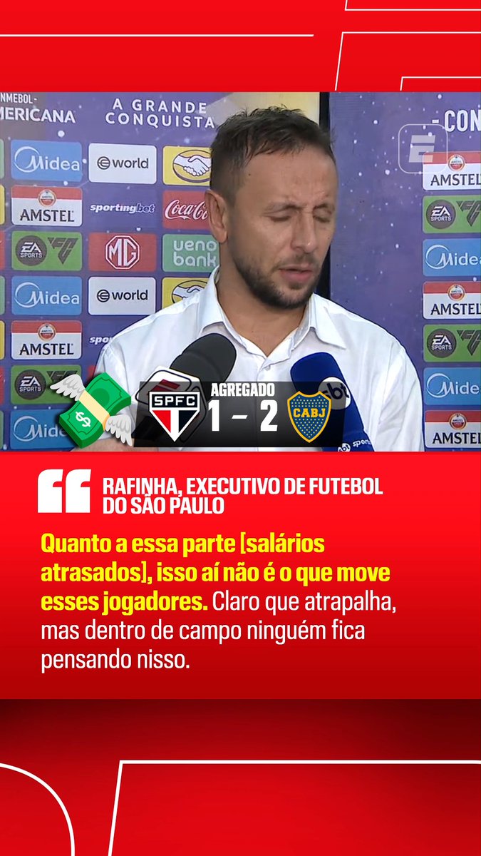 "Quanto a essa parte (salários atrasados), posso afirmar que isso aí não é o que move esses jogadores. Claro que atrapalha, mas dentro de campo ninguém fica pensando nisso." 🎙️ Rafinha, executivo de futebol do São Paulo. 🎥 ESPN Brasil | SportsCenter Brasil