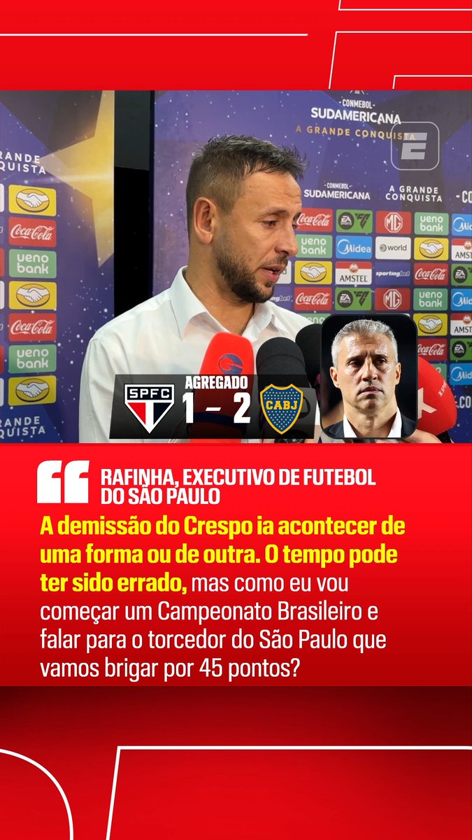 Rafinha, executivo de futebol do São Paulo, respondeu sobre a demissão de Hernán Crespo em março deste ano. Na ocasião, após 4 rodadas, o Tricolor tinha 10 pontos em 12 disputados no Campeonato Brasileiro e brigava pela liderança da competição. #SulAmericanaNaESPN