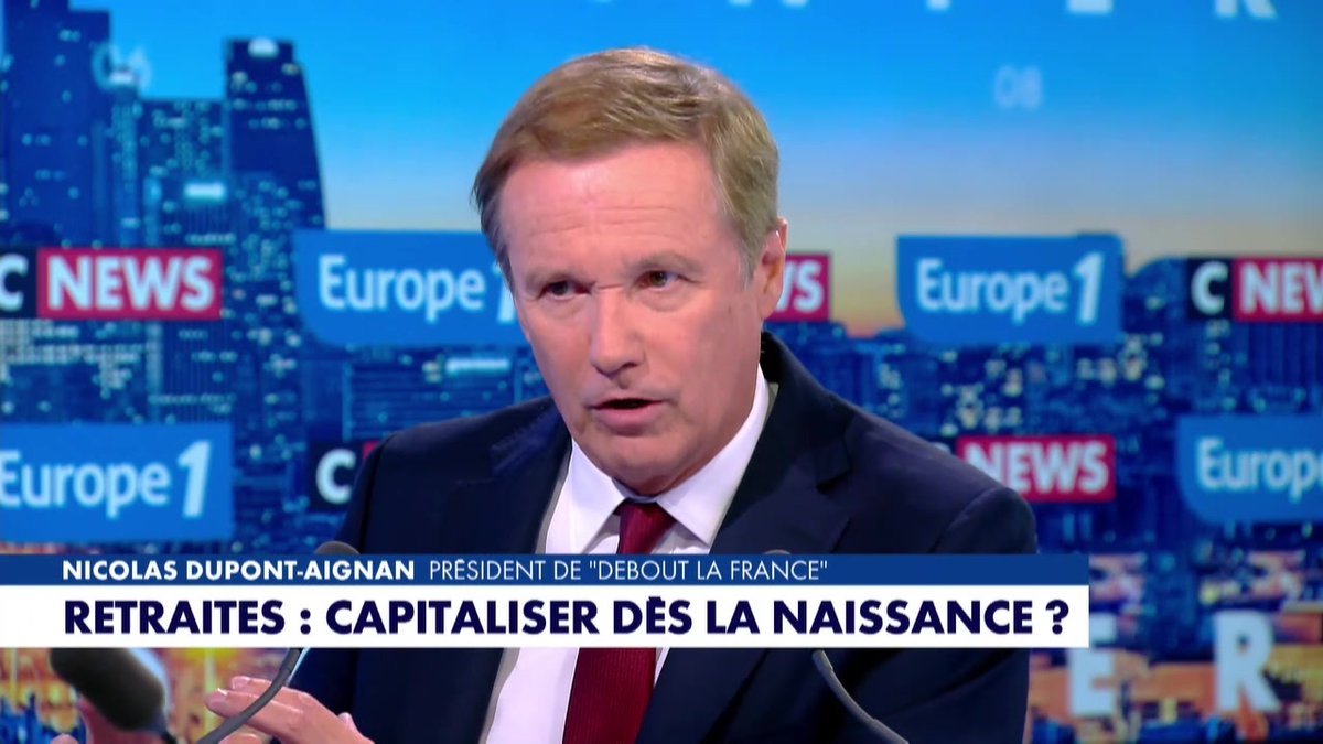 "Je propose qu'à chaque nouveau-né français, un capital de 10 000€ sur un livret retraite, qui sera gelé jusqu'à l'âge de 60 ans, ainsi, chaque jeune Français saura qu'il aura un minimum retraite" Nicolas Dupont-Aignan #LaGrandeInterview #Europe1