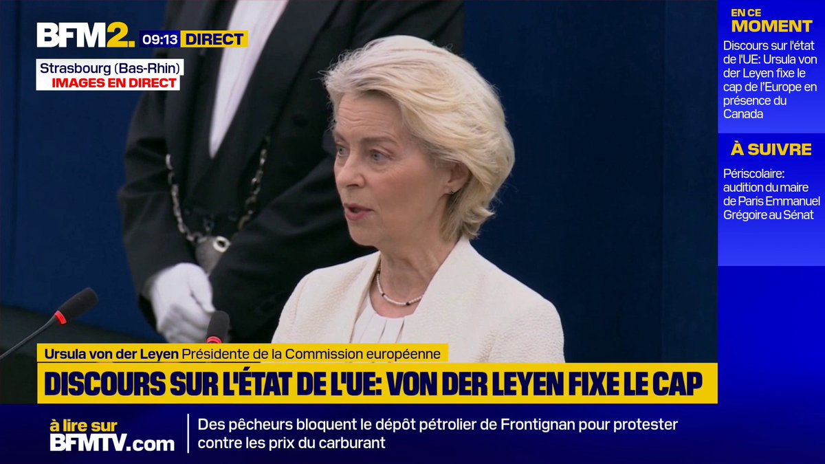 💬"Dans un monde fragile comme du verre, seule l'Europe peut apporter une véritable souveraineté pour les Européens et c'est pourquoi nous avons là une Europe dont nous pouvons être éminemment fiers", déclare Ursula von der Leyen, présidente de la Commission européenne #BFM2