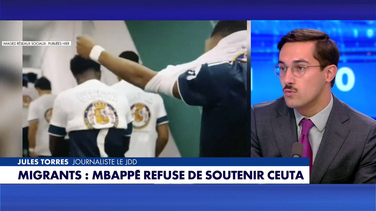 Après avoir masqué un message de soutien aux habitants de Ceuta sur son maillot, cette décision du joueur Kylian Mbappé fait réagir Jules Torres dans #100Frontieres : «Je pense que Kylian Mbappé n'est pas quelqu'un de très courageux»
