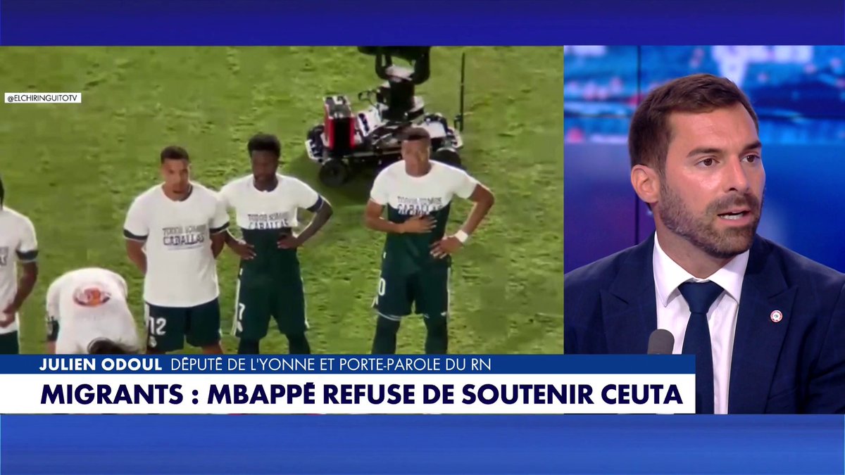 «Ce comportement est lamentable et irrespectueux de la souffrance d'un peuple», lance le porte-parole du RN Julien Odoul dans #100Frontieres, après que Kylian Mbappé ait masqué un message de soutien aux habitants de Ceuta avant un match du Real Madrid