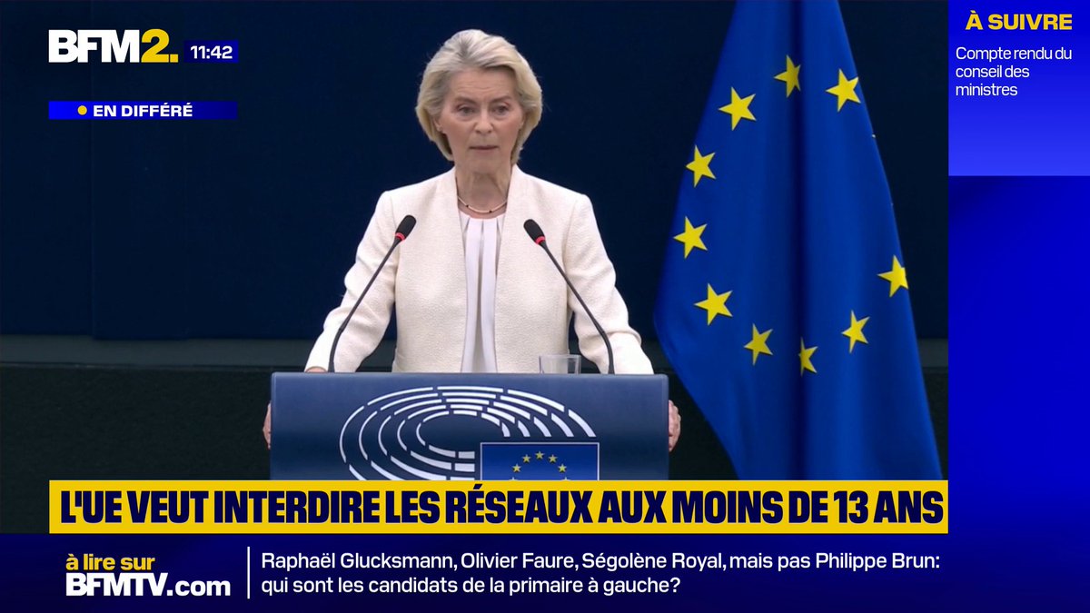"Pas de réseaux sociaux avant l’âge de 13 ans. Pas de compte personnel avant l’âge de 15 ans. Les enfants âgés de 13 à 15 ans, ne disposeront que de mini-comptes, installés et surveillés par leurs parents ou leurs tuteurs", annonce Ursula von der Leyen #BFM2