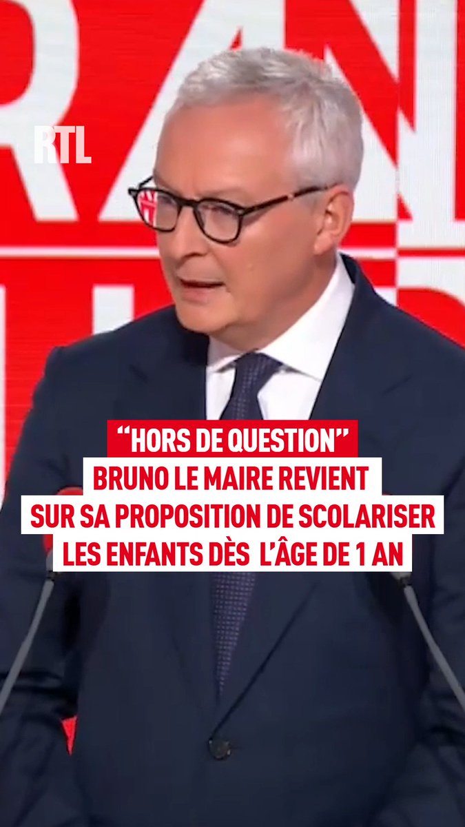 🇫🇷🏫 FLASH | "Éveil au comportement, accès au langage"… Bruno Le Maire revient sur sa proposition de scolariser les enfants dès 1 an. Il affirme qu’il veut en réalité "offrir une solution de garde à toutes les familles" et non pas envoyer les enfants à l’école dès 1 an : son but était de "surprendre pour ouvrir le débat".