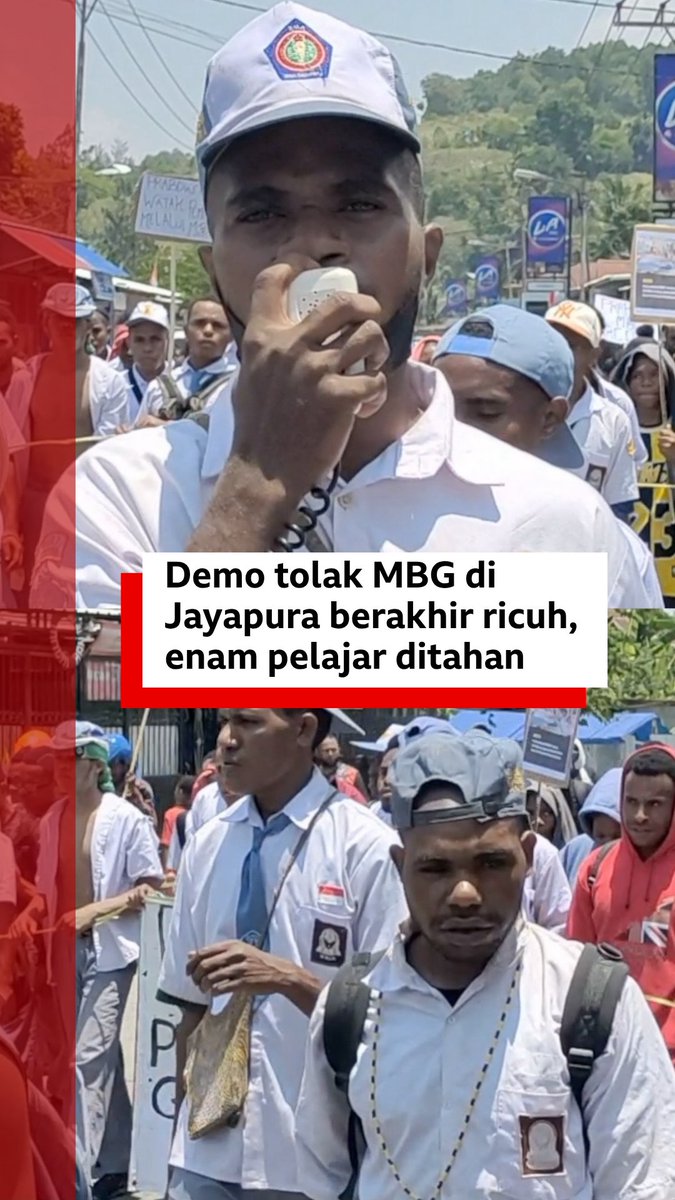 Enam pelajar yang mengikuti aksi demo tolak MBG di Jayapura, Papua, ditahan polisi karena "menyerang petugas" dan "membawa senjata tajam". Kelompok pelajar itu menuntut penghentian program MBG dan meminta anggarannya dialihkan untuk pendidikan gratis.