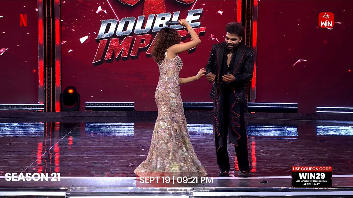 The Double Impact is here! 🔥💥 Dhee 21 – Double Impact premieres September 19 at 21:21 (9:21 PM IST). 🕘 First episode FREE on ETV Win. ❤️ A WIN Original Show