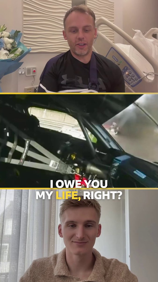 "I owe you my life." ❤️ British racing driver Ollie Millroy says he's only alive thanks to Loek Hartog, who pulled him from the burning wreckage of a car.