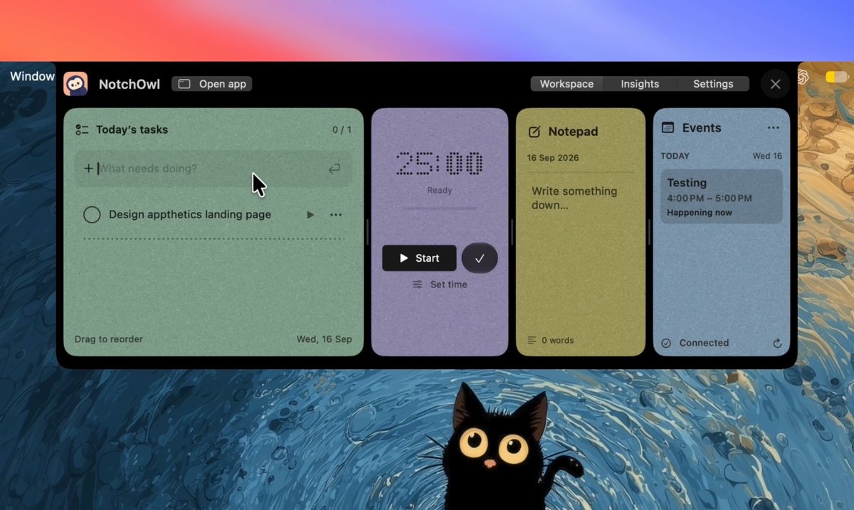 Introducing NotchOwl 🎉 Your Mac’s notch, now a cool little productivity workspace. It brings your tasks, focus timers, notes, and calendar events right into your tiny notch. Just hover. It’s all there. >