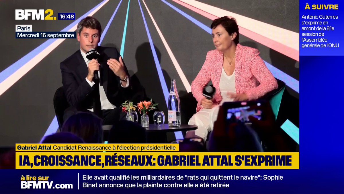 💬 "Tout est parti en live, entre guillemets, avec cette dissolution qui a contribué à quasiment flinguer l'économie française" Le candidat (Renaissance) à la présidentielle, Gabriel Attal, sur les conséquences de la dissolution de l'Assemblée nationale en 2024 #BFM2