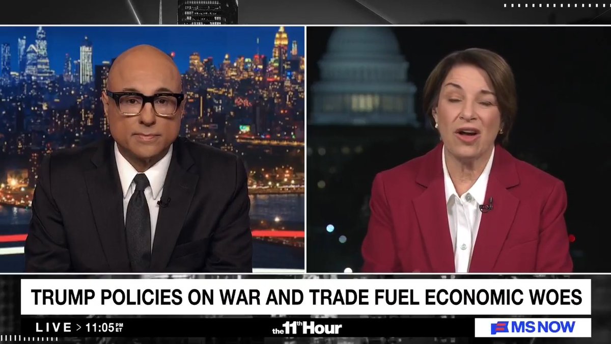 Sen. Klobuchar: Costs are up. Chaos is up. Corruption is up. People didn't want to go to war in Iran, and now they're finding out it cost $40 billion. And Trump is still asking for $70 billion more. Do people want this war, or do they want healthcare?