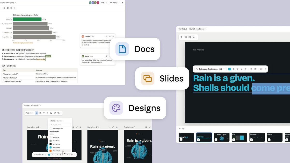 You can also now make decks, docs, and designs in your conversation. Draft the one-pager in Claude Docs, turn it into a deck with Claude Slides, and mock up a matching visual in Claude Design, all from one place.