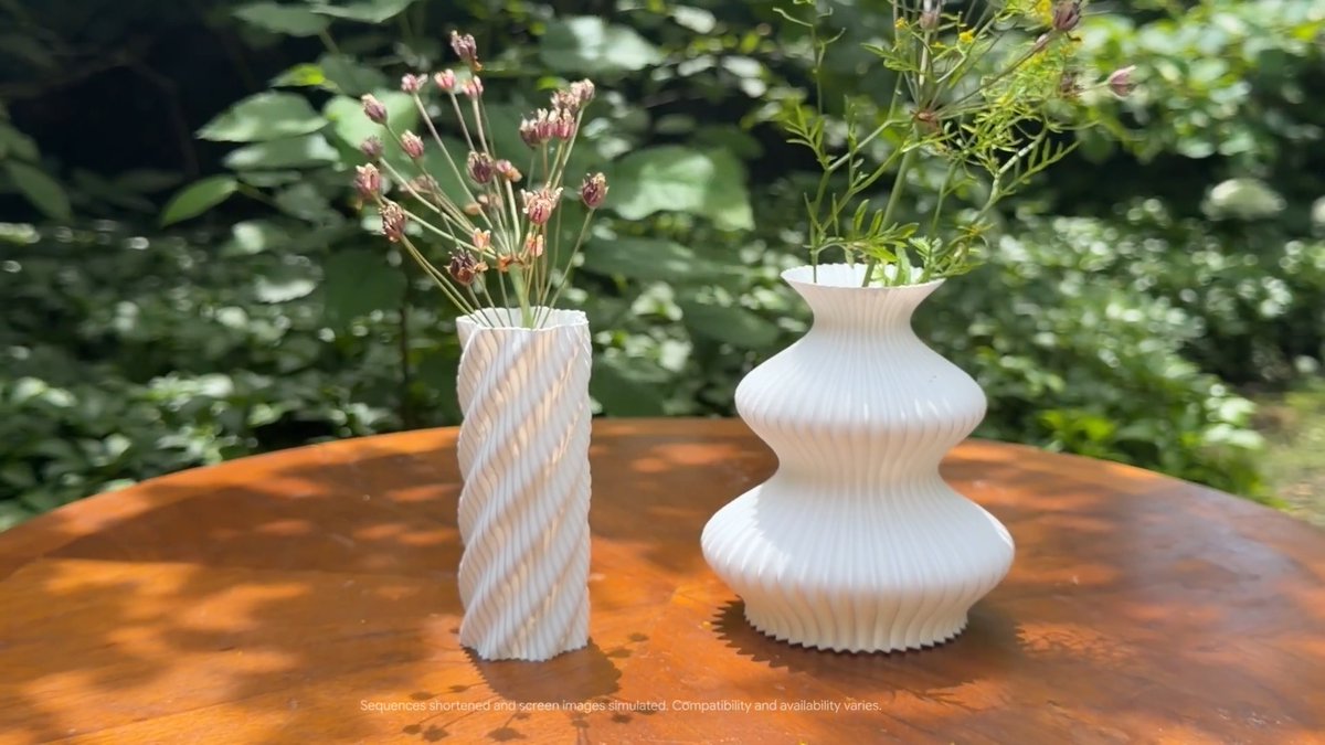 Go from inspiration to physical objects with Gemini. With Canvas in Gemini, you can code a custom app to design a vase and change its mathematical parameters to visualize it in 3D. Then, export it as an .STL file for 3D printing to watch your ideas take shape.