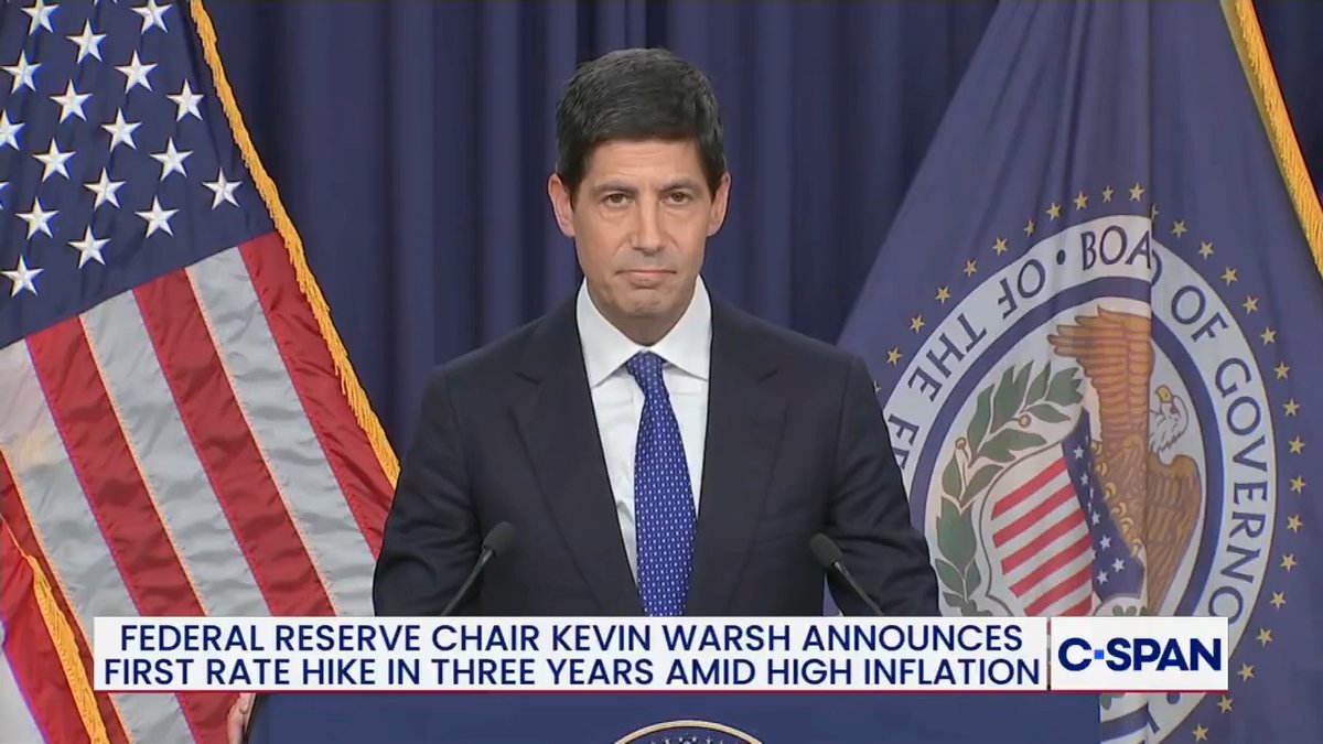 Fed Chair Kevin Warsh announces a rate hike for the first time in three years from 3.75%-4%: "The FOMC decided to raise the target range for the federal funds rate by a quarter of a percentage point."