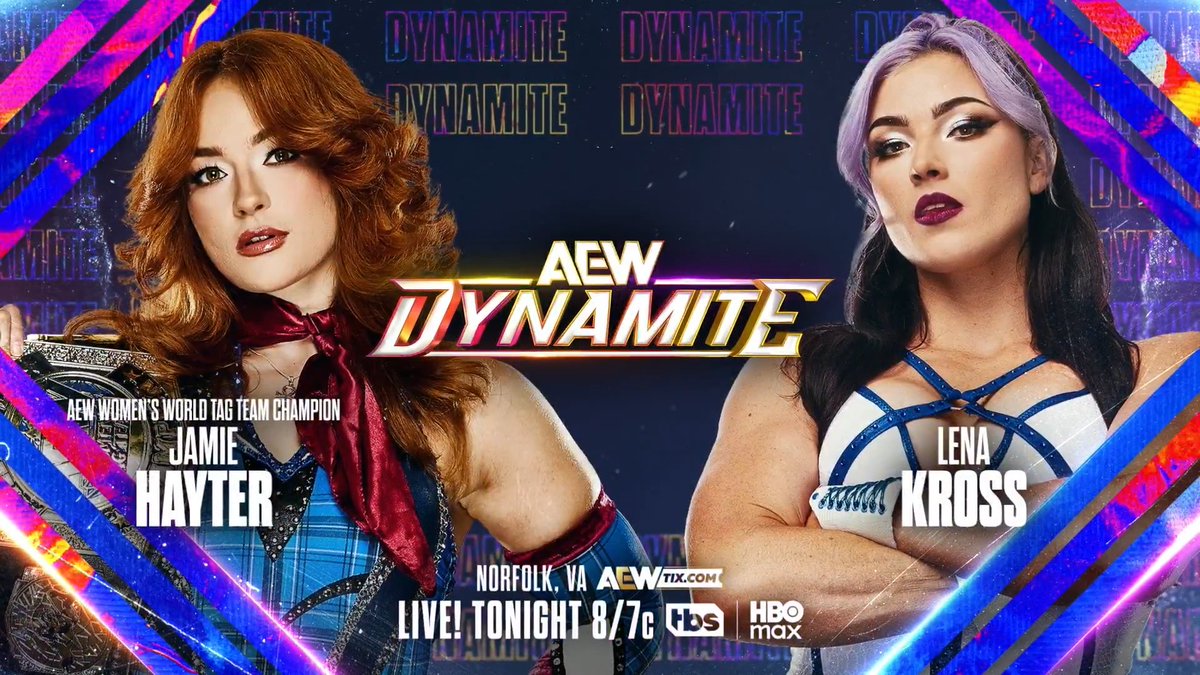 Wednesday Night #AEWDynamite 8/7c, TONIGHT! JAMIE HAYTER vs Lena Kross レナ・クロス Hayter &amp; her Brawling Birds partner Alex Windsor defend the AEW Women’s World Tag Team Title vs Divine Dominion at #AEWAllOut, but Kross aims to take out Hayter before Chicago! Hayter vs Kross, TONIGHT!