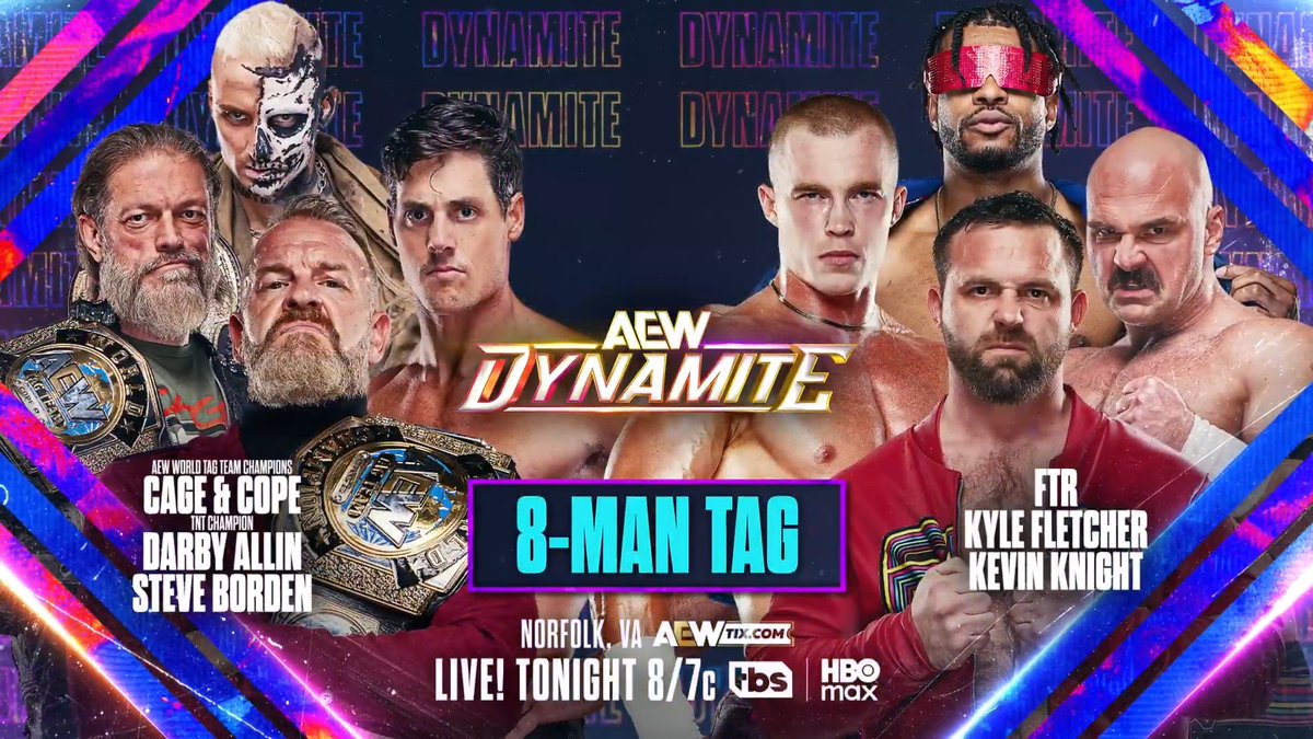 Wednesday Night #AEWDynamite TONIGHT Adam Copeland/Jay 'Christian' Reso/DARBY ALLIN/Steven Borden vs FTR/“Protostar” Kyle Fletcher/Kevin Knight Darby/Borden evened the odds when FTR jumped the Bucks vs Fletcher/Knight! Cope/Cage don’t want to wait for All Out to fight FTR! Dynamite TONIGHT!
