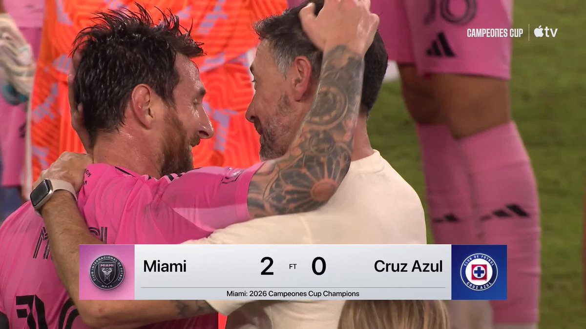 Messi and Kily González embrace after winning a trophy in his first game as Inter Miami CF coach. 🤗