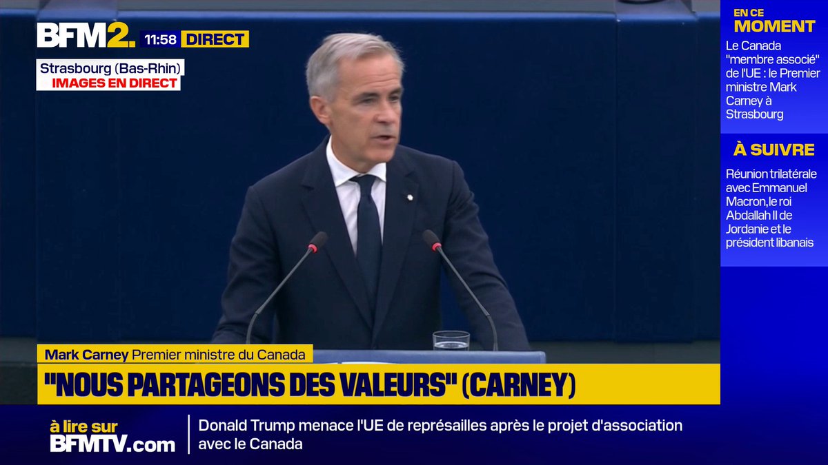 💬"Les sondages montrent qu'une écrasante majorité de Canadiens soutient des liens beaucoup plus étroits avec l'Europe" Le Premier ministre canadien, Mark Carney, accueille favorablement la proposition d'Ursula von der Leyen #BFM2
