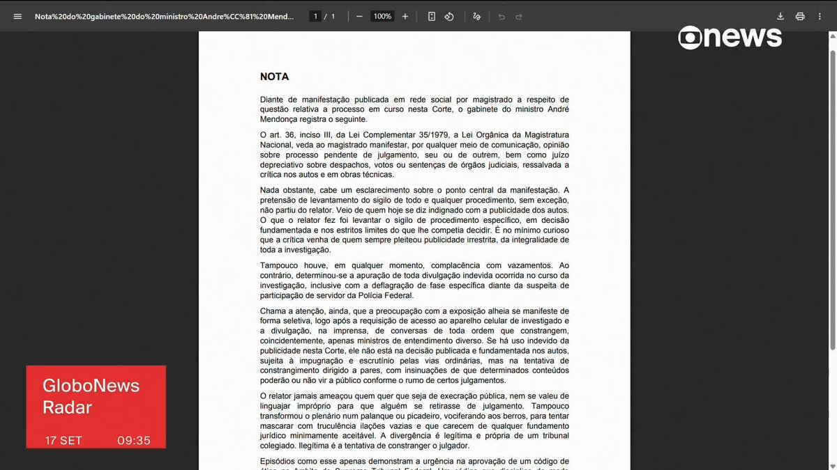 O gabinete do ministro André Mendonça emitiu nota em resposta a acusação feita pelo ministro Gilmar Mendes. Segundo nota, André Mendonça nega complacência com vazamentos e afirma que "exposição alheia se manifeste de forma seletiva". ️➡️#GloboNewsRadar de segunda a sexta, às 08h30, na #GloboNews