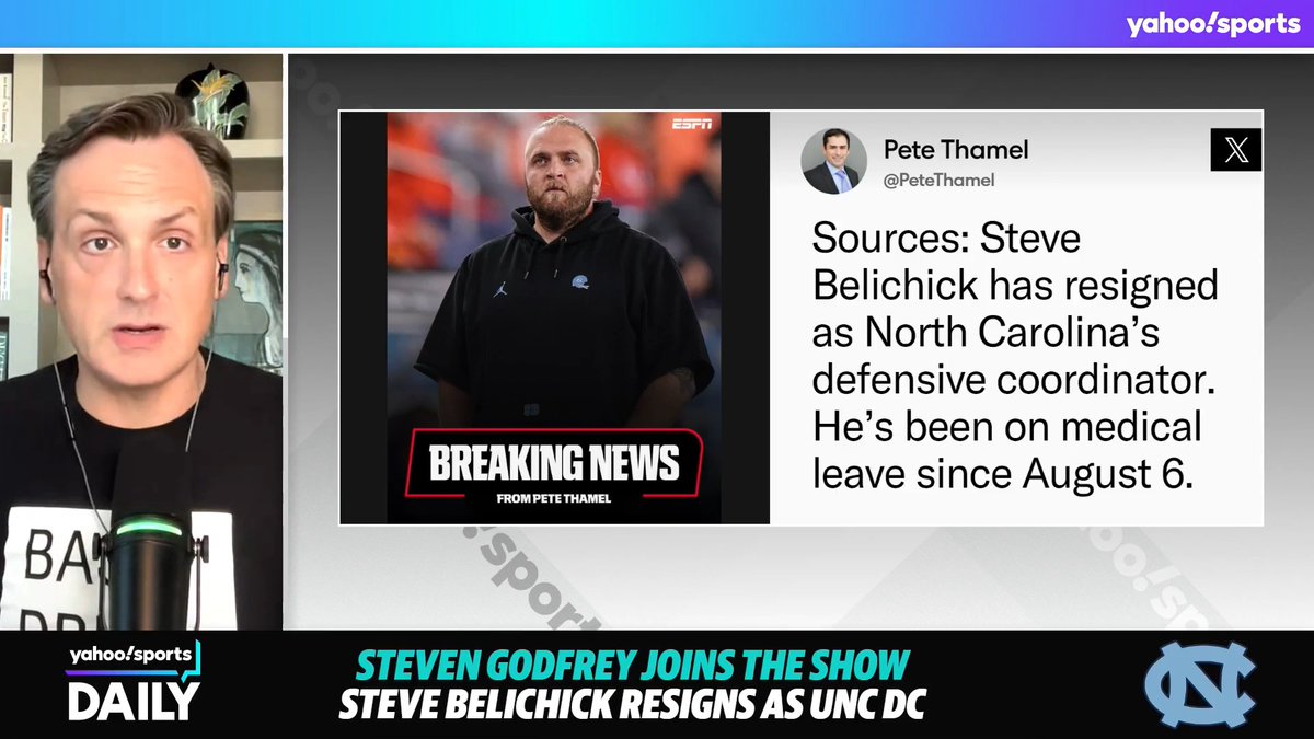 “Everybody expects Bill Belichick and North Carolina to move on in the near future and this is just another sign of that.” 😳 Steven Godfrey reacts to Steve Belichick resigning as UNC's DC and what it means for Bill’s future with the program. (via Yahoo Sports Daily)