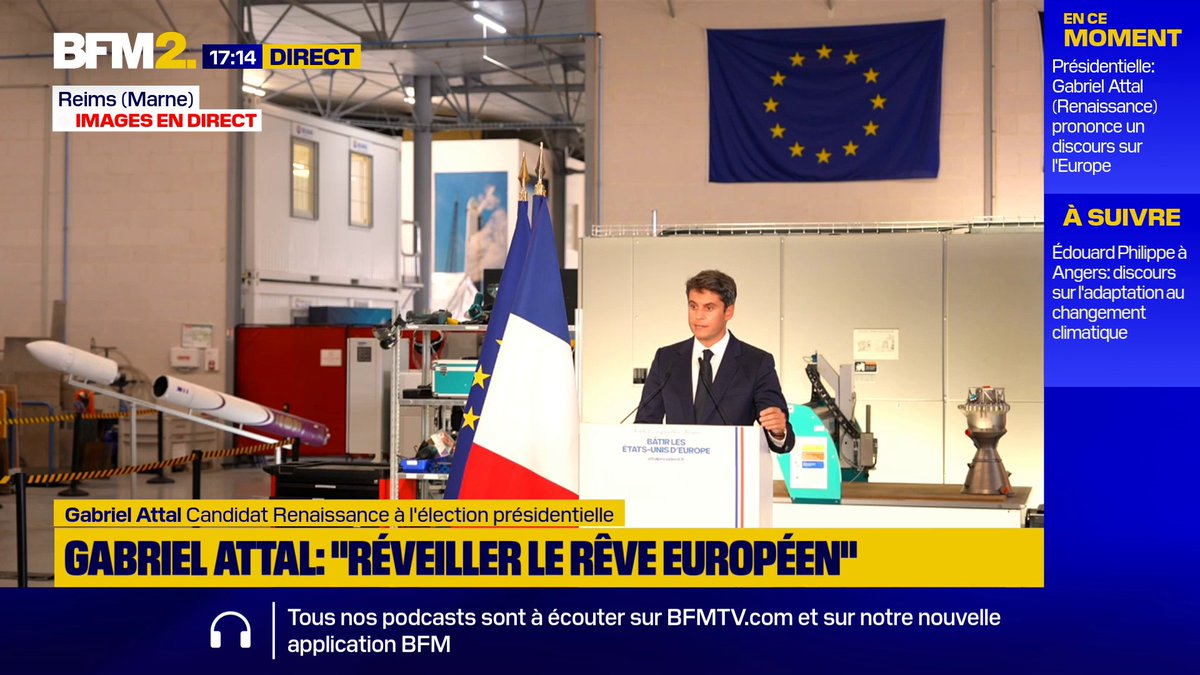 💬 "Je considère que la grande mission de ma génération est d'accomplir le rêve européen et de faire naître les États-Unis d'Europe" Gabriel Attal, candidat "Renaissance" à la présidentielle, donne un discours sur l'Europe depuis Reims #BFM2