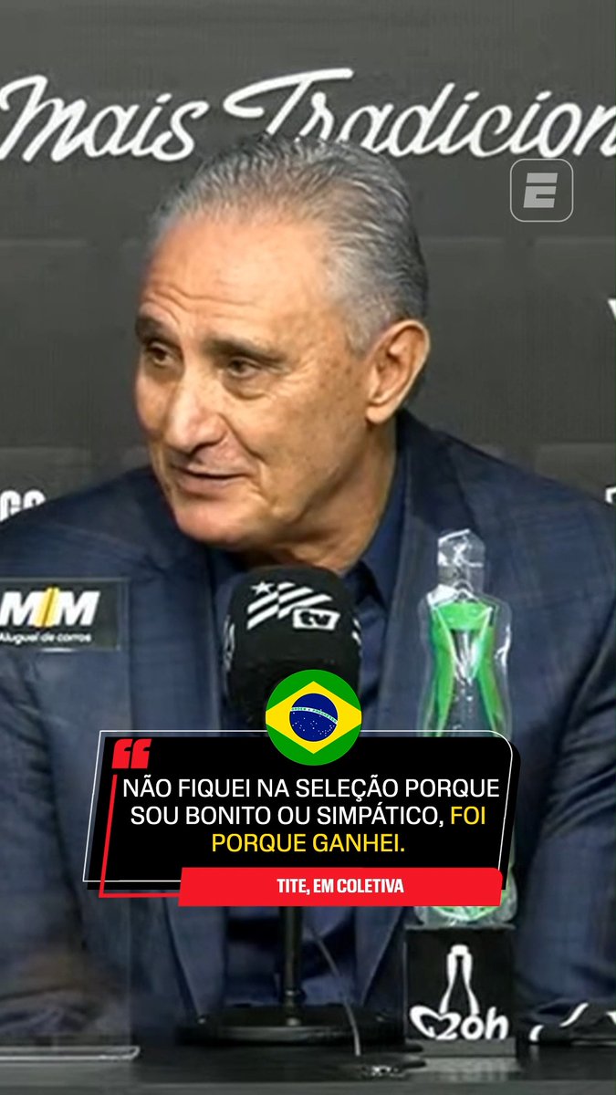 "Eu não fiquei 6 anos e meio na Seleção Brasileira porque eu sou bonito ou porque eu sou simpático, foi porque eu ganhei!" 🎙️ Tite. 🎥 ESPN Brasil | SportsCenter Brasil