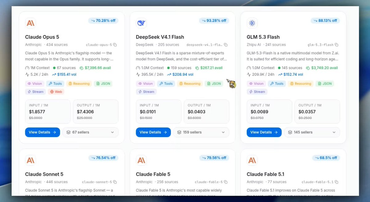 333+ AI MODELS UP TO 99% OFF 😳 Qubax gives you access to models like • Grok 4.6 • GLM 5.3 Flash • Claude Fable 5.1 • GPT 6 Astra • Gemini 3.8 Flash • DeepSeek V4.1 Flash get started: base URL: you can also use them through an OpenAI-compatible API with your own API key but why is it so cheap? Qubax uses leftover AI credits that someone already paid for or earned, which would otherwise go to waste they sell that unused capacity at a discount instead