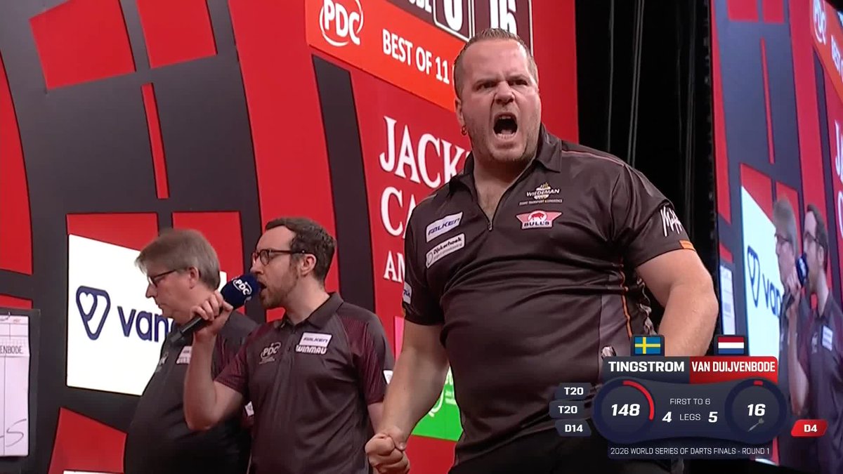 DIRK DENIES TINGSTROM! Dirk van Duijvenbode wins five straight legs to defeat Viktor Tingstrom 6-4 and be the first player to reach the last 16 in Amsterdam! 📺 #WSODFinals | R1