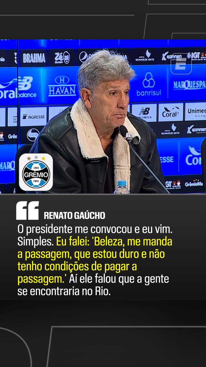 "O presidente do Grêmio me convocou e eu vim. Simples. Eu falei: 'Beleza, me manda a passagem, que eu estou duro e não tenho condições de pagar'. Aí ele falou que a gente se encontraria no Rio de Janeiro." 🎙️ Renato Gaúcho. 🎥 ge