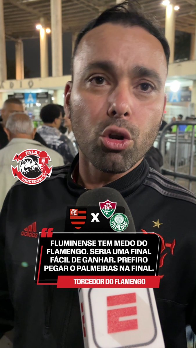 Torcedor do Flamengo em entrevista à ESPN: "O Fluminense tem medo do Flamengo! Seria uma final (de Libertadores) fácil, não quero. Prefiro pegar o Palmeiras. Eu quero um time que se equipare com o Flamengo, aí sim vai ser uma final legal." 🎥 ESPN Brasil