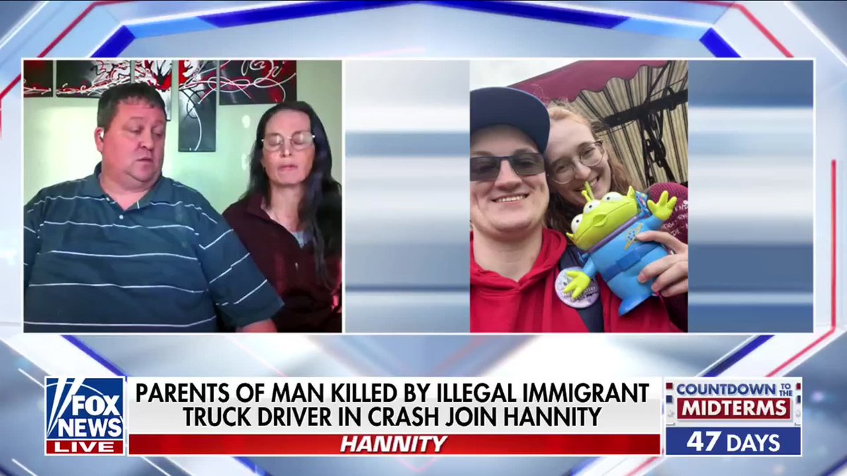 "If it weren't for that, our son and daughter-in-law would be alive." Elizabeth Carter, whose son William and daughter-in-law Jennifer were killed in a crash involving an illegal immigrant truck driver, joins Sean Hannity 🇺🇸 with her husband to discuss the loss of their newlywed children. Carter says she was "shocked and heartbroken" after learning the driver had been released into the U.S. under the Biden administration, and criticizes California Gov. Gavin Newsom over the state's licensing policies.