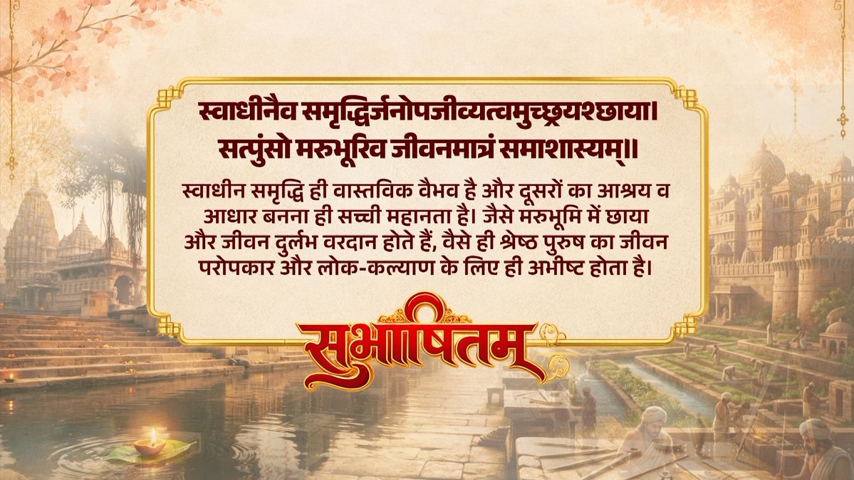 स्वाधीनैव समृद्धिर्जनोपजीव्यत्वमुच्छ्रयश्छाया। सत्पुंसो मरुभूरिव जीवनमात्रं समाशास्यम्॥