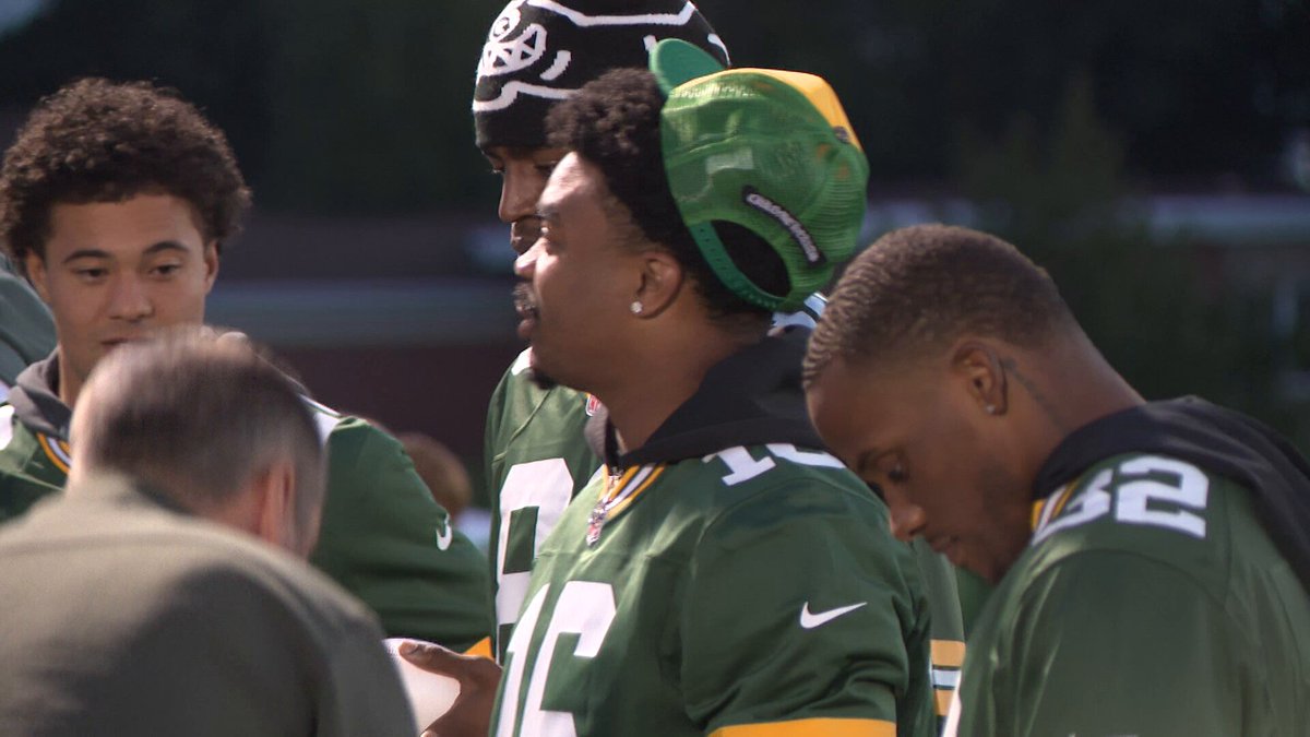 Bo Melton, MarShawn LLoyd, Isaiah Neyor, and Domani Jackson pulled up to Ashwaubenon's game tonight. The group was tossing signed footballs into the stands for the #Packers 'Give Back' community outreach initiative.