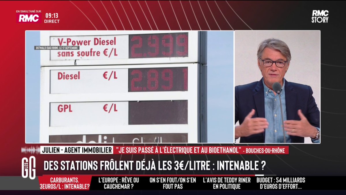 ⛽️ Des stations frôlent déjà les 3€/litre : intenable ? 📞 Julien, agent immobilier : "Ça fait 10 ans qu'on nous dit que l'énergie va flamber, ça fait 10 ans que je roule en électrique. J'ai touché 500 € d'aides pour une installation à 800 balles. Le plein me coûte 4 €." #GGRMC