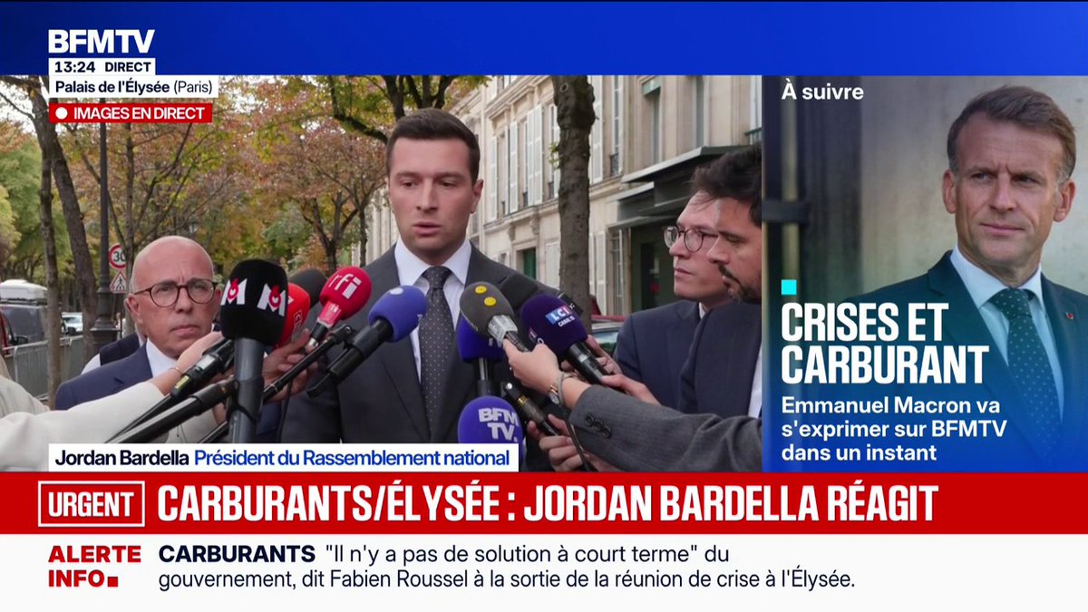 "Le président n'a apporté aucune réponse sur le pouvoir d'achat ou sur la question des taxes sur le carburant", rapporte Jordan Bardella, président du RN, à l'issue d'une réunion des chefs des partis à l'Élysée