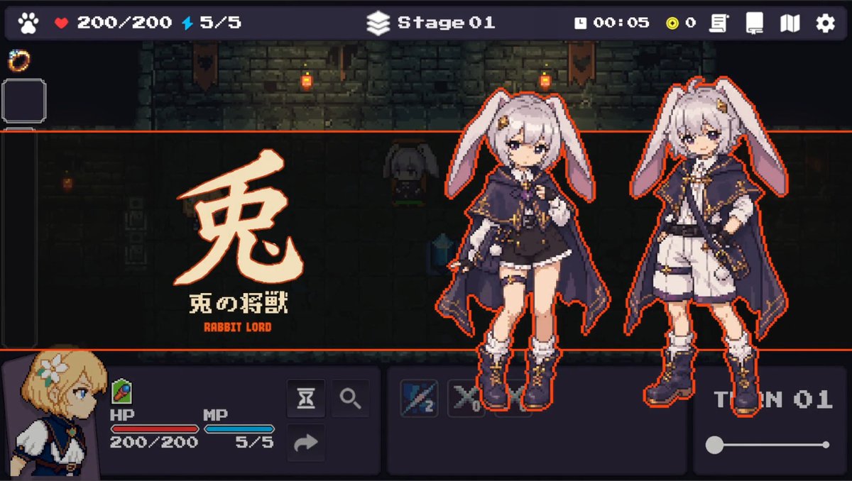 【開発進捗】 引き続きボスの実装を進めていて、今週は戦闘開始時のカットイン演出を作っています⚡ 今回も双子の兎ボスです🐰🐰 各素材や配置はまだまだ調整中ですが、かっこいい＆可愛い感じに出来てきたと思います✨ #SuperDevDay #ゲーム制作 #gamedev