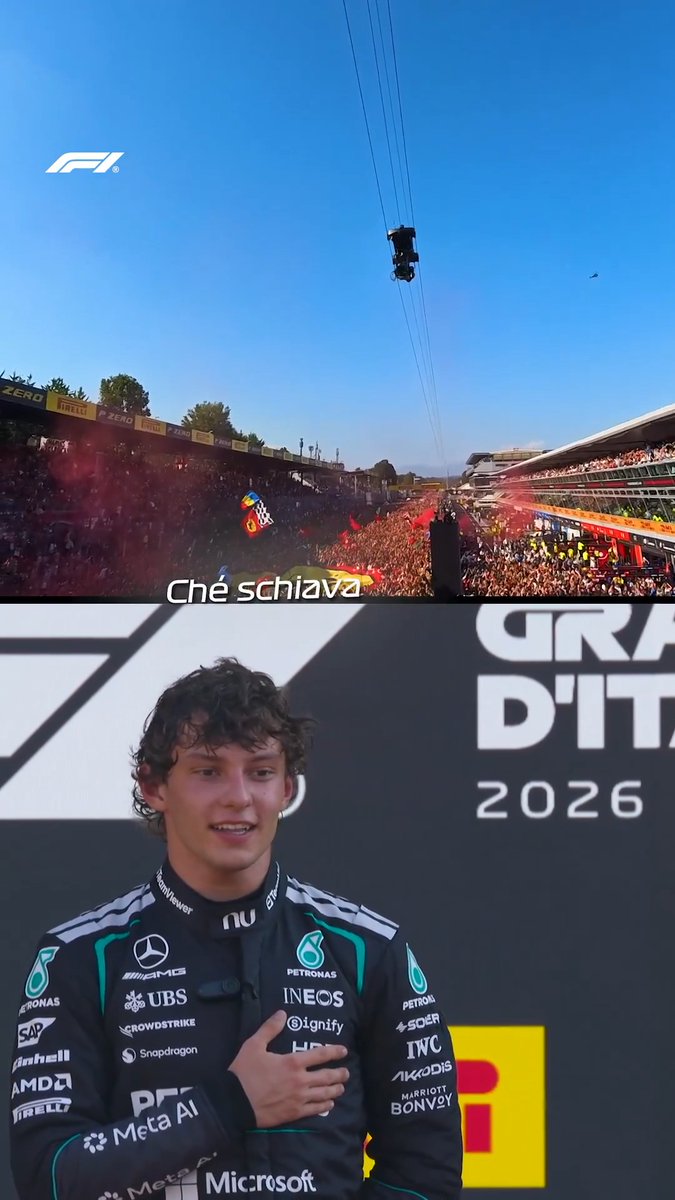 Take it away, Kimi 🗣️ Antonelli leads the Monza crowd in singing the Italian national anthem after his first home win 🇮🇹 #F1 #ItalianGP