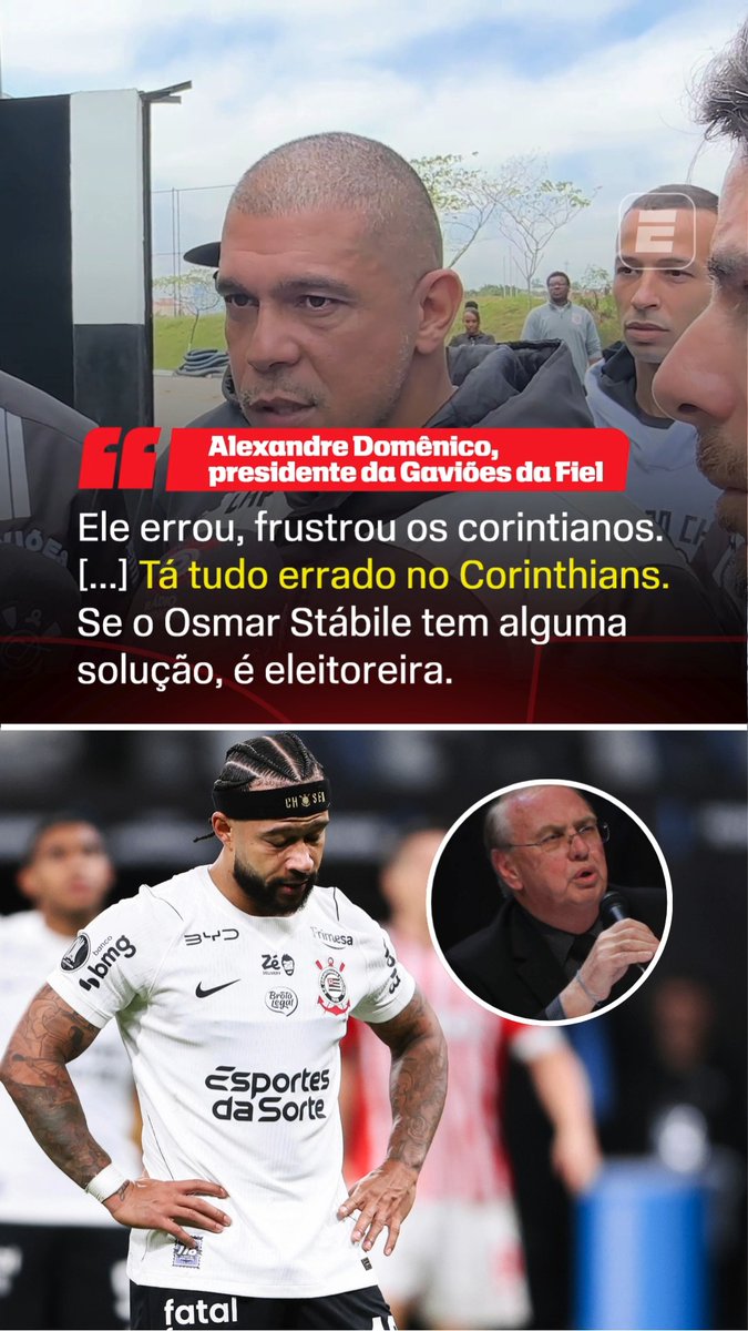 🚨 Agora! | "A gente falou para eles: 'Vocês jogam em um clube que a derrota é até aceitável, mas tem que ser uma derrota que vocês suem a camisa e saiam com o uniforme sujo'. O único clube do Brasil que aceita isso é o Corinthians." "Está tudo errado. A dívida vai chegar a R$ 3 bilhões. Qual clube tem R$ 3 bilhões de dívidas? É uma vergonha! A gente não consegue contratar ninguém!" "É triste ver o corintiano saindo da Arena daquela forma. Nós estamos sendo humilhados há muito tempo." 🎙️ Ale, presidente da Gaviões da Fiel, após conversa com jogadores do Corinthians no CT. 🎥 ESPN Brasil | SportsCenter Brasil
