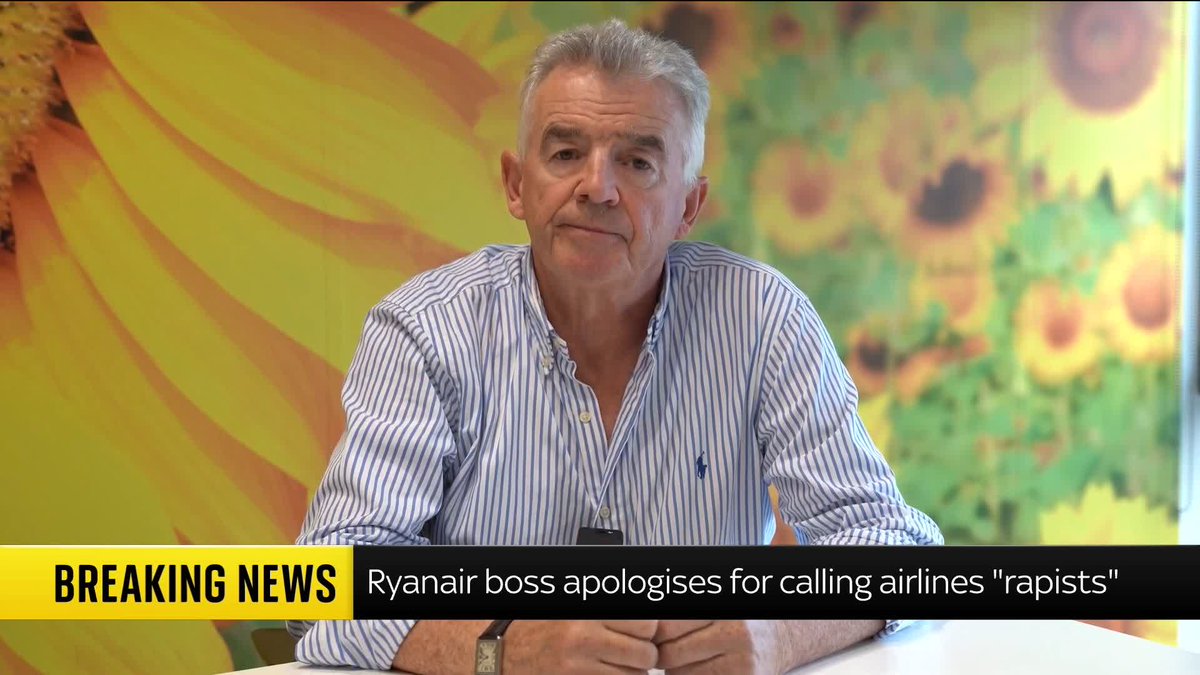 BREAKING: The CEO of Ryanair has apologised "sincerely and unreservedly" for comments he made in Dublin last week. Michael O'Leary sparked outrage by comparing high-fare rival airlines to "rapists". Latest: 📺 Sky 501, Virgin 602, Freeview 233 &amp; YouTube