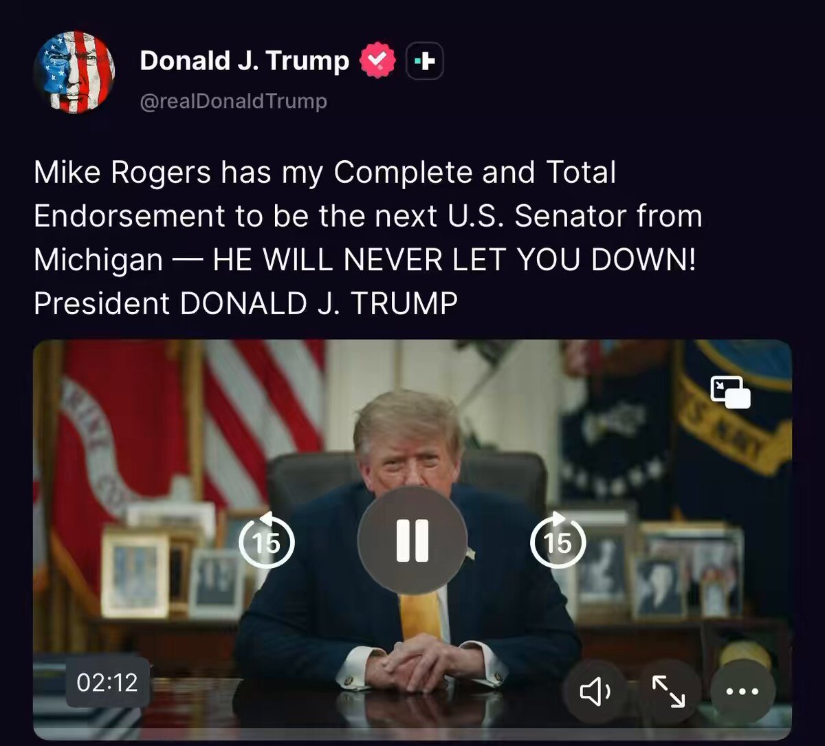 🚨 President Trump just posted a video endorsement of Mike Rogers and DESTROYS Abdul El-Sayed "Mike is running against a communist lunatic, he is a conman. His sister celebrated the terrorist slaughter of babies on October 7th. Abdul was with her all the way" "His mother worked for an organization that gave hundreds of thousands of dollars to Osama Bin Laden. He campaigns with a Marxist agitator who said America deserved 9/11. Do not let an American hating communist represent the hardworking patriots in the senate." "Elect Mike Rogers, he is fantastic and he will never let you down" Mike Rogers is a PATRIOT. Who served in our army, FBI and chased down criminals. While Abdul supports criminals and hates America.