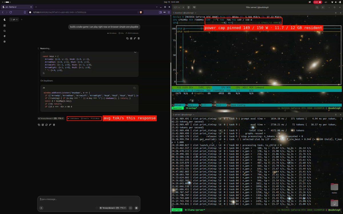 bonsai 2 27b on an rtx 3060 12gb, the full receipt sheet. save this one, the 12gb row of the small gpu guide is built from it. speed by depth, then what context costs, live server, thinking on, real sessions > 7k deep: 24.4 tok/s > 12k deep: 21.9 tok/s > 35k deep: 17.8 tok/s > 77k deep: 13.0 tok/s > 64k window: 7.3gb resident > 128k window: 8.8gb resident > 192k window: 10.2gb resident > 262k window: 11.7gb resident, 0.6gb to spare, the whole native window on a 12gb card > every 64k of context costs 1.47gb, so 327k would not fit > a 41,312 token build session from 35k to 77k of context averaged 15.0 tok/s across 46 minutes > prefill 295 tok/s at 2k of context, 243 tok/s at 35k, first token in 0.6 seconds, fresh decode 26.1 tok/s > the card pinned 149 of 150 w the entire time, 78c, fan at 80%, power bound, not heat bound > 0.158 tok/s per watt at the fresh end the setup > model: ternary bonsai 2 27b, PTQ1_0, 1.75 bits per weight, 5.95gb on disk, base qwen 3.8 27b, apache 2.0 > runtime: prismml llama.cpp fork, prebuilt cuda 12.4 binary, no compile > serve: full 262k native window resident, q4 kv cache, flash attention, one slot, 11.7 of 12gb in use for anyone who followed bonsai 1 in july, that was the 3.9gb 1bit file at 42 tok/s on a 3060 ti, a faster card and a smaller file, so the same card comparison is not on the table yet, it comes with the 8gb test. what changed is the base, qwen 3.8 instead of 3.6, and the retention, 98.2% on their suite instead of 95%, and the whole 262k window fitting on 12gb.