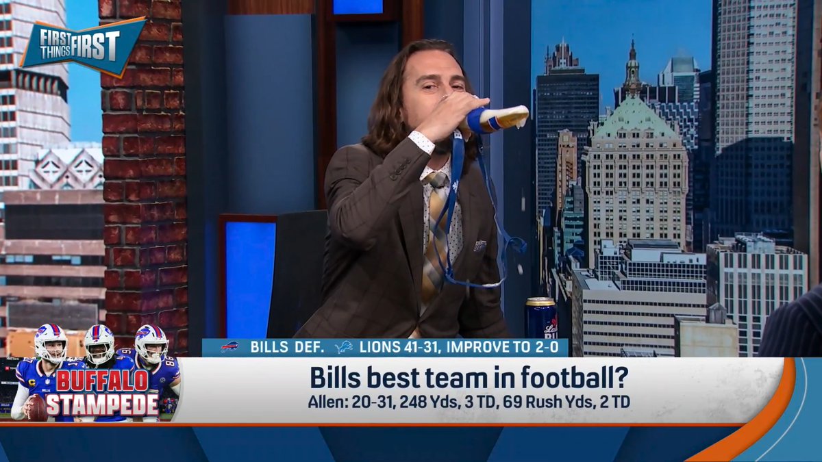 “Allow me to be the first one to congratulate the Buffalo Bills. I’m ready to say it. Back-to-back-to-back-to-back-to-back September Champs.” nick wright brought out the Bills beer horn to celebrate 😅🍻