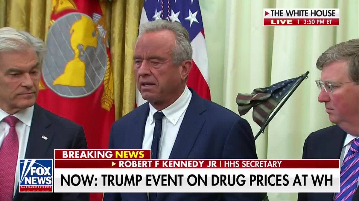 NEW: President Trump interrupts RFK Jr. to compliment his tie: "By the way, I love his tie. I want to get a nice thin tie." Kennedy smiles through the playful exchange as Trump takes notice of his unusually thin tie during a White House announcement on Most Favored Nation drug pricing for state Medicaid programs. “He wants to show off his chest.”