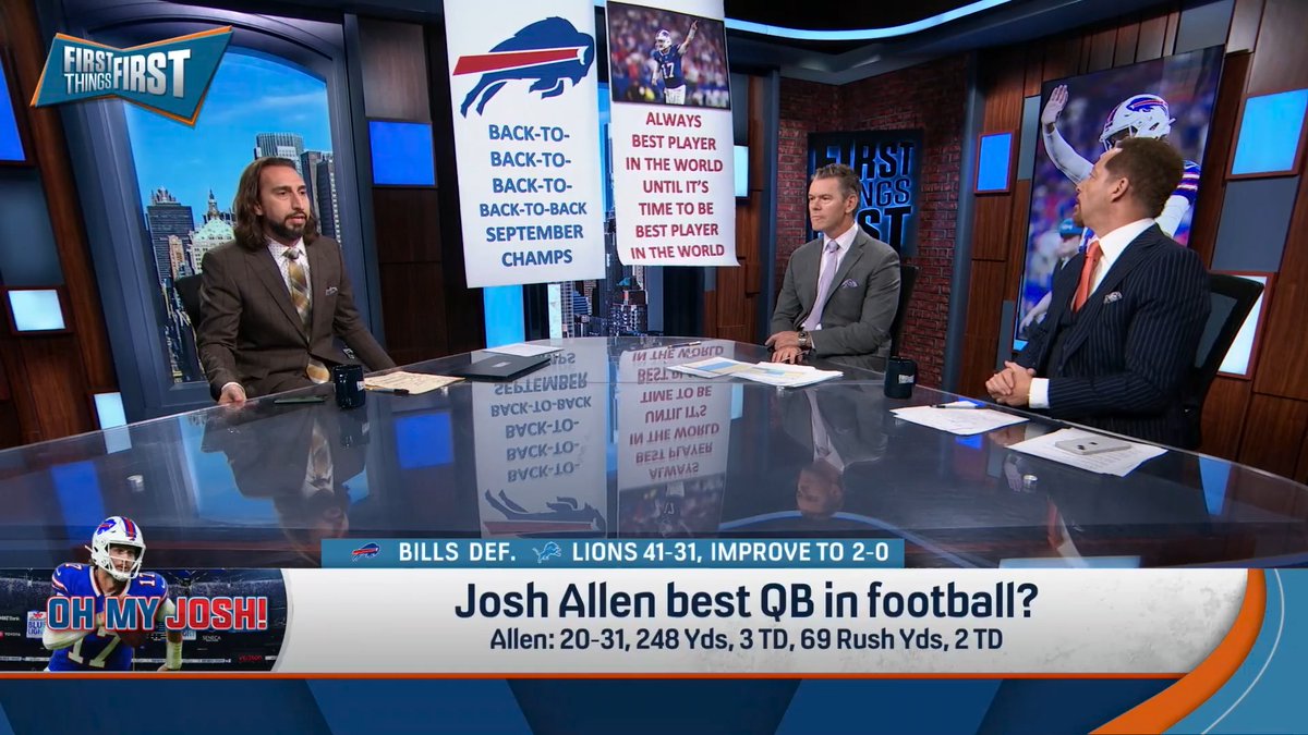 “We all like Josh... But it's true and people just don't like it. He’s always the best player in the world until it’s time to be the best player in the world.” nick wright drops another banner after the Bills win over the Lions 👀